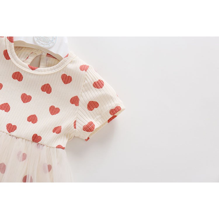 Áo Liền Quần Tay Lỡ Bằng Vải Cotton In Họa Tiết Trái Tim Nhỏ Thời Trang Mùa Hè Dành Cho Bé Gái 0619