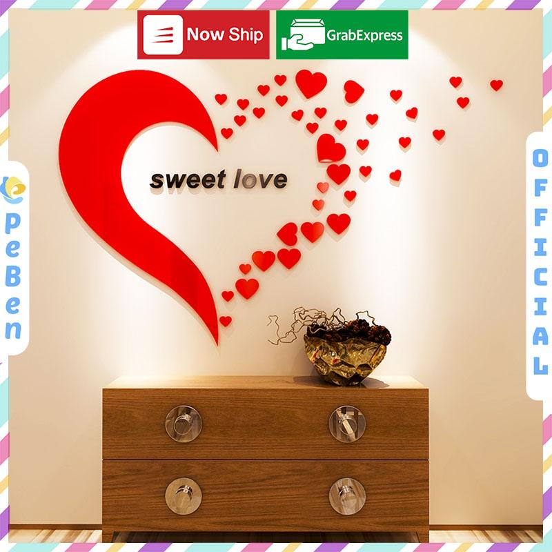 Tranh dán tường mica 3d decor khổ lớn trái tim sweet love lãng mạng trang trí, phòng ngủ, phòng cưới Nhiều Size - EPeBen