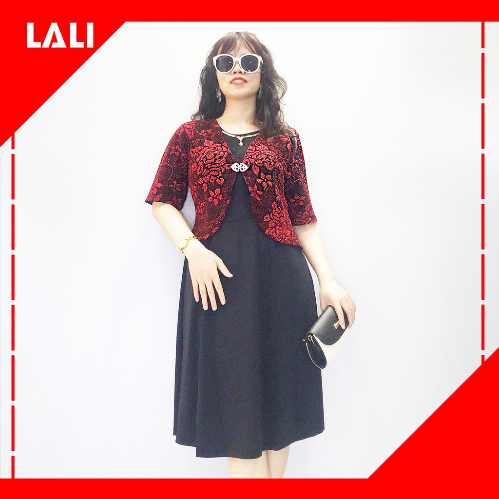 Đầm trung niên dáng xòe cổ V, váy nhũ trung niên cổ đắp tay lửng LALI MS65