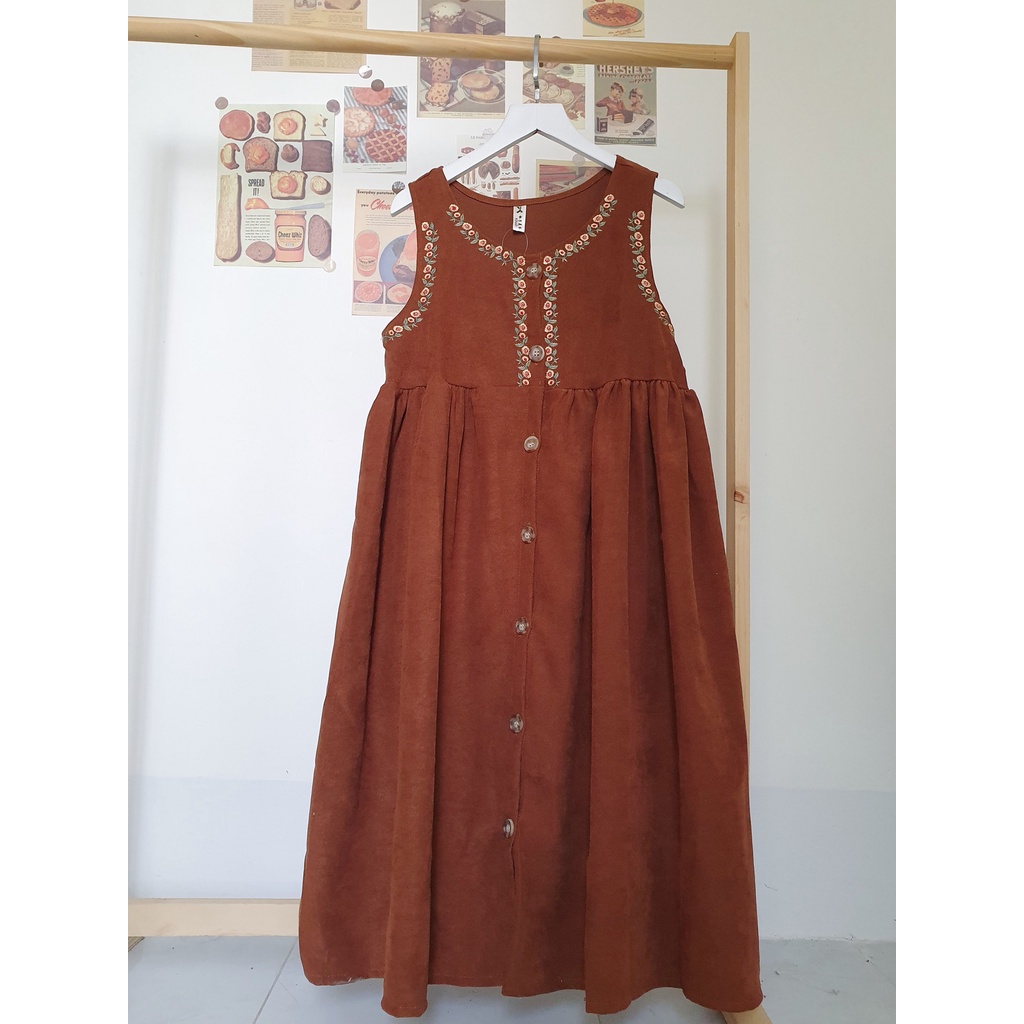 Đầm Yếm Nhung Dáng Dài Babydoll Thêu Hoa - Penguin House