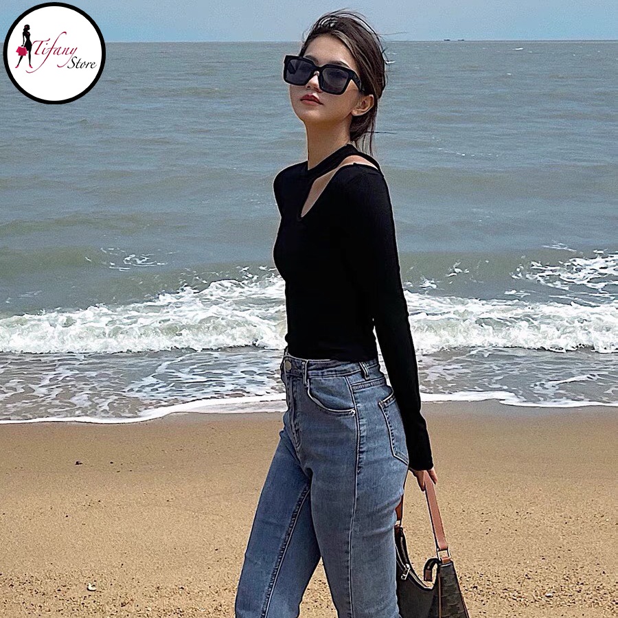 Áo Kiểu Tay Dài Lộ 1 Bên Vai Gợi Cảm Bigisze Dưới 80Kg Dáng Croptop Chất Thun Co Giản “KHOÉT TD”