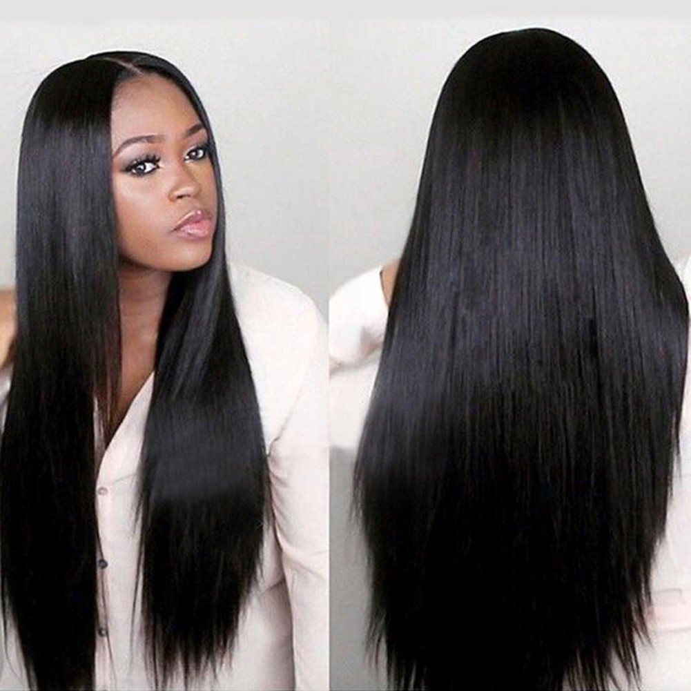Women Black Long Straight Lace Front Rose Net Human Hair Wig Natural Hairpiece V08