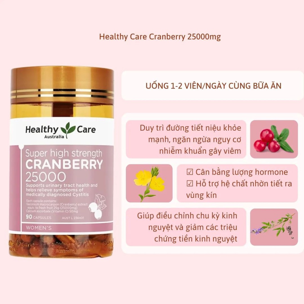 Cranberry 25000mg ,Nam việt quất,Lợi tiểu, Làm sạch bàng quang ,Đường tiết niệu, Healthy Care, Cranberry 25000 90 viên