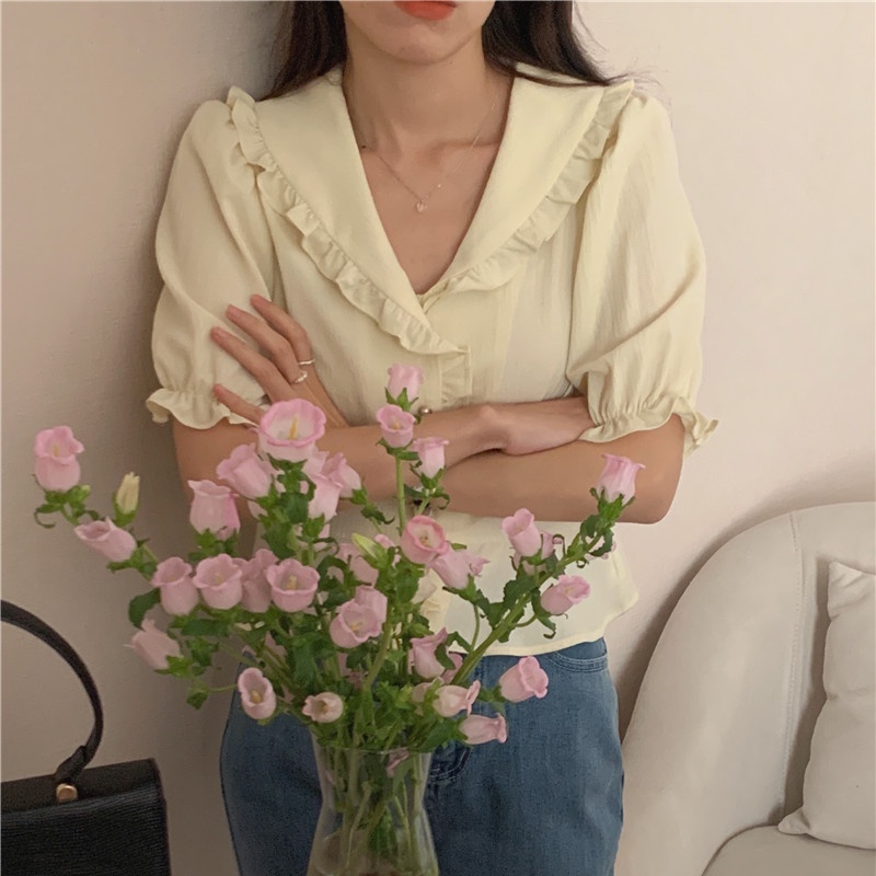 SUXI Áo Sơ Mi Tay Ngắn Cổ Chữ V Màu Sắc Đơn Giản Phong Cách Hàn Quốc Cho Nữ