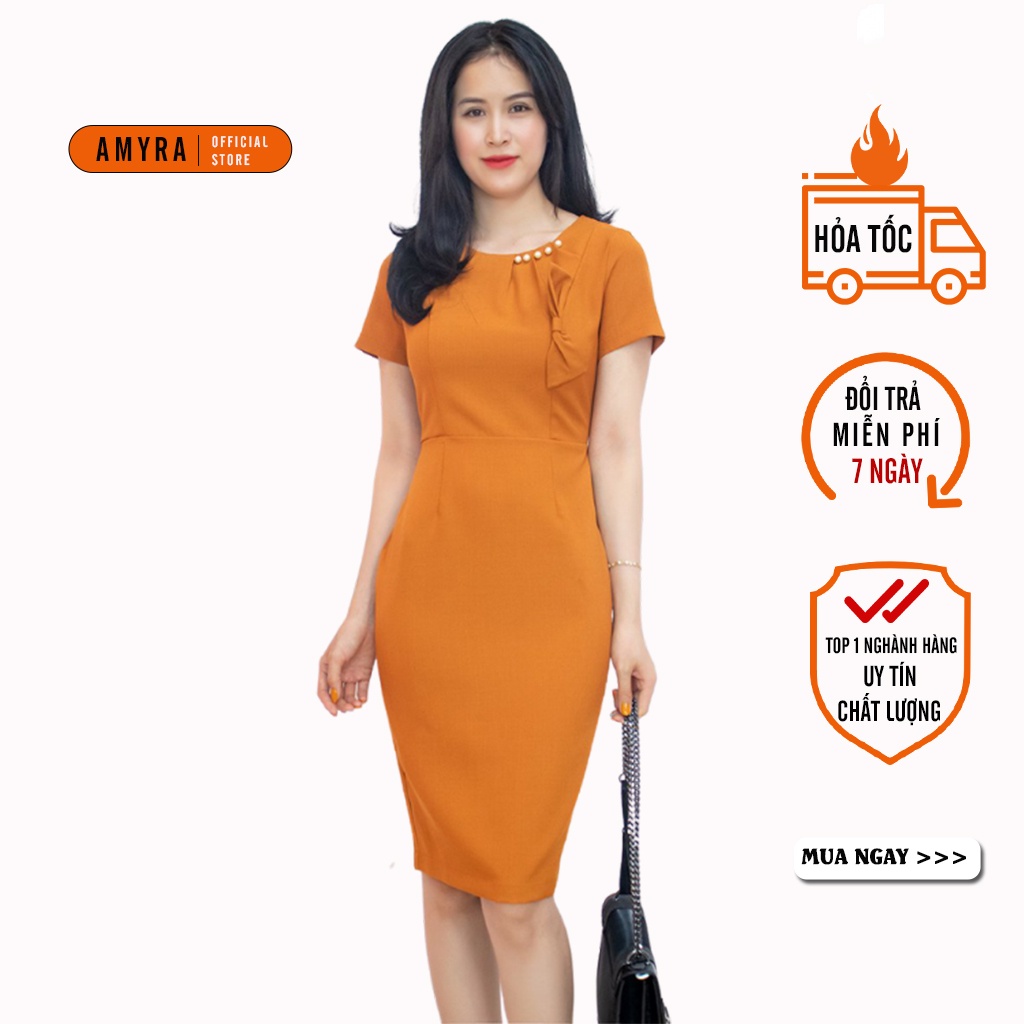 Váy body ôm công sở nơ ngực xẻ tà AMYRA - Đầm dự tiệc thiết kế xếp ly cổ ngọc cao cấp DA131