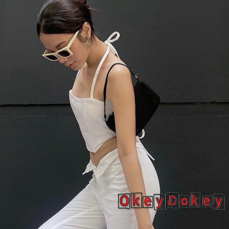 OKDK-Women Halterneck Tops Slim Fit Solid Color Sleeveless Bandage Backless Crop Tops