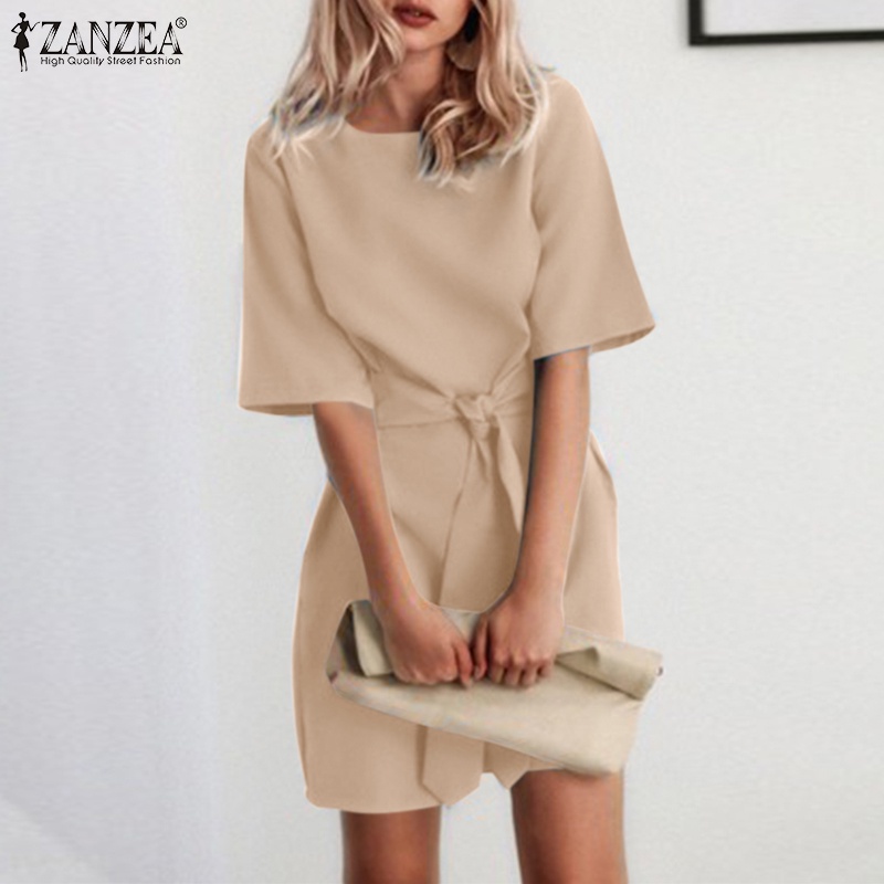 Đầm ZANZEA tay ngắn cổ tròn thắt nơ phong cách đường phố châu Âu thời trang dành cho nữ