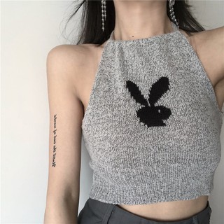 Áo Croptop Dệt Kim Hoạ Tiết Hình Thỏ Phong Cách Retro