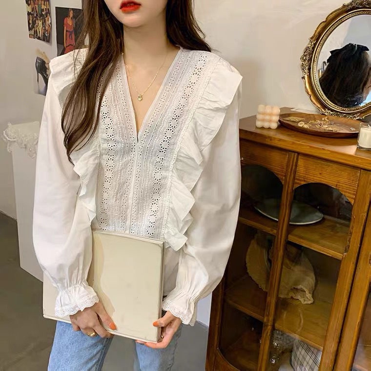 Áo Sơ Mi Tay Dài Cổ Chữ V Phối Ren Bèo Thời Trang Mùa Hè Phong Cách Pháp