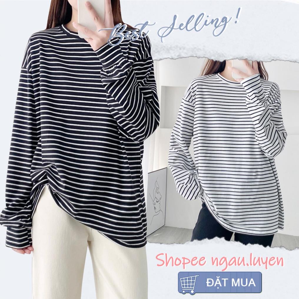 A027 Áo thun kẻ ngang đen trắng dài cộc tay form rộng unisex Áo phông không cổ tròn nam nữ dáng to sọc Ulzzang ™️