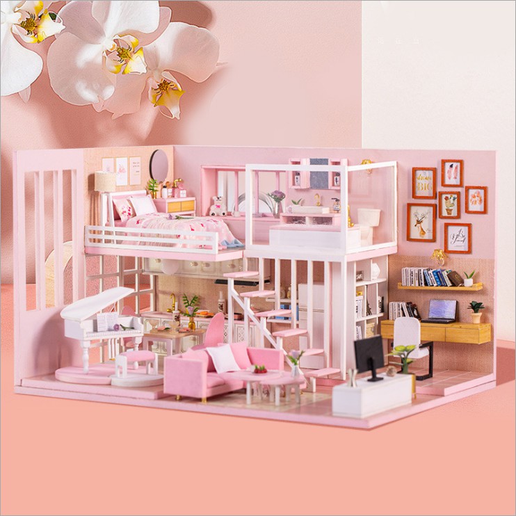 Mô hình nhà DIY Doll House Dream Girl Heart Kèm Mica Chống bụi, Bộ dụng cụ và Keo dán