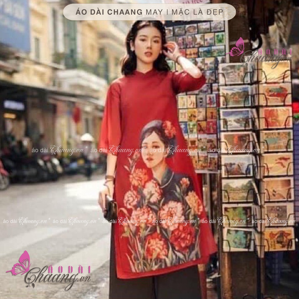 Áo Dài Tết Cách Cách Nữ Hình Cô Gái Thiết Kế 4 Tà Lụa Tơ Óng Đỏ Đẹp