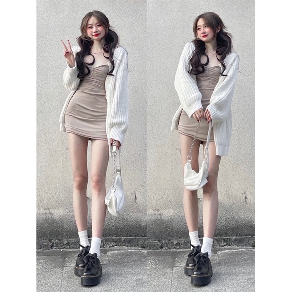 set áo khoác cardigan len trắng tay phồng bồng form dáng rộng dài trùm mông váy đầm hai dây cúp ngực ôm body sexy
