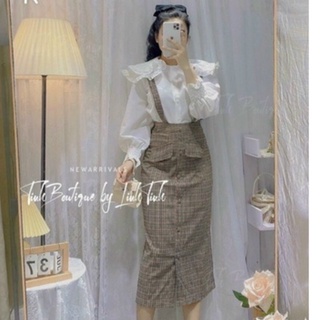 Set váy yếm kate mix áo voan xinh xắn hàng y hình