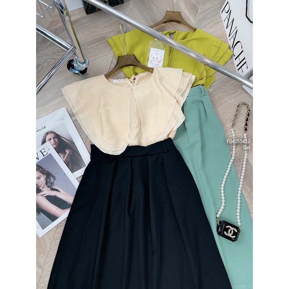 Set áo sơ mi kiểu cổ phối bèo tầng kèm chân váy xòe dáng dài!