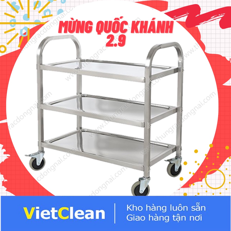 Xe đẩy thức ăn 3 tầng inox VIETCLEAN, Inox 304, 3 mặt tầng phẳng, 2 tay cầm, 4 bánh xe xoay 360 độ (2 bánh có khóa)