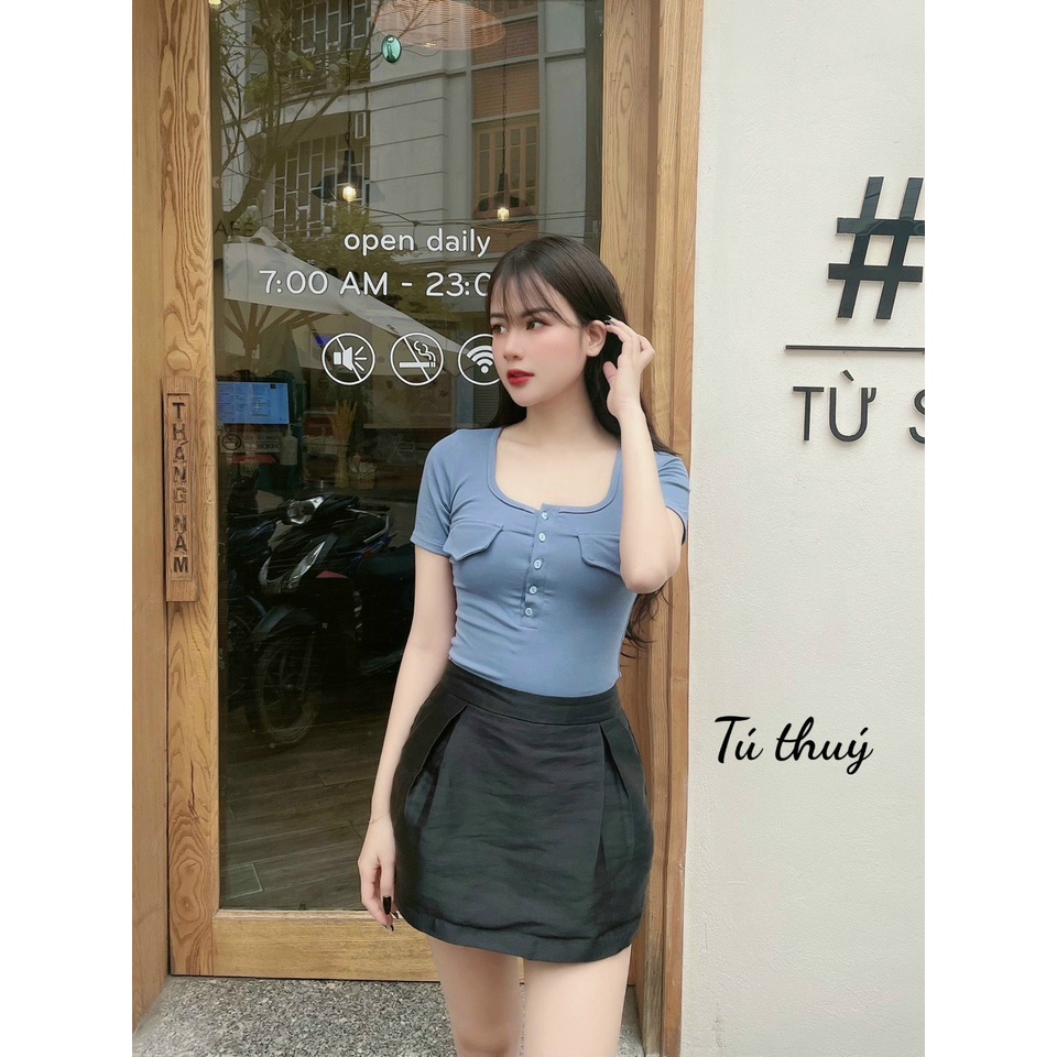 Áo kiểu nữ bozip co giãn sang chảnh nắp túi phối cúc AT01- phamtrangredep shop