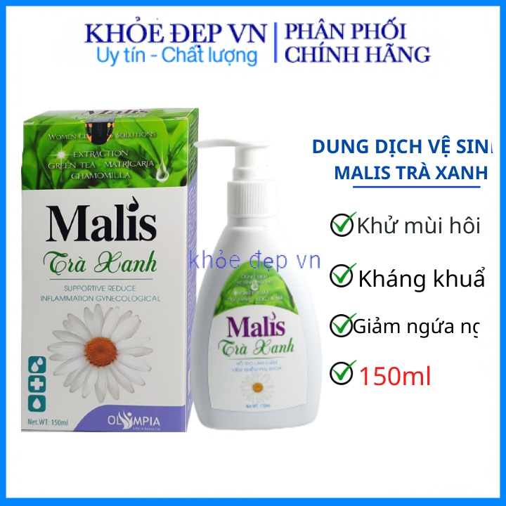 Dung dịch vệ Malis trà xanh, làm sạch, kháng khuẩn, ngăn mùi, hỗ trọ giảm viêm nhiễm phụ khoa – Chai 150ml