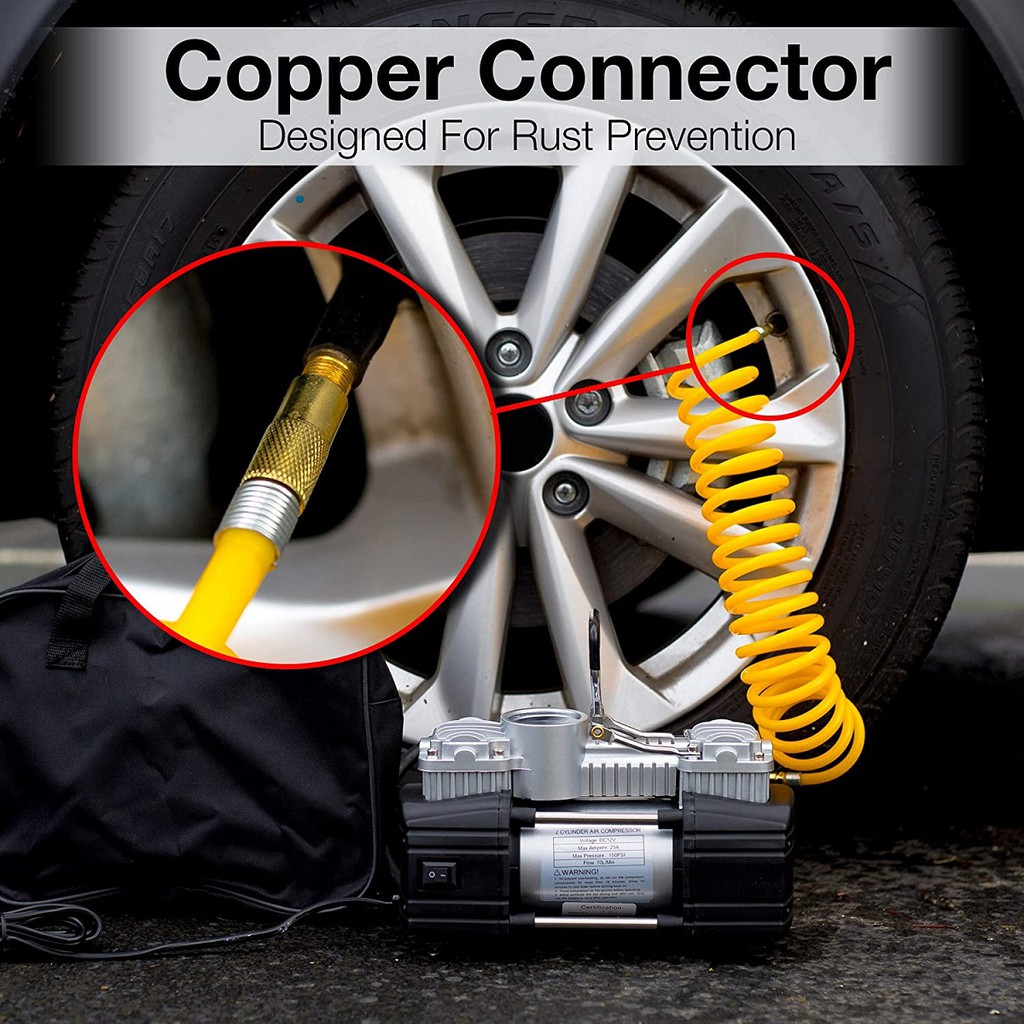 Máy bơm hơi mini 2 xilanh 12v-150psi - Bơm hơi mini kèm phụ kiện vá lốp, kẹp ác quy, hộp đựng.