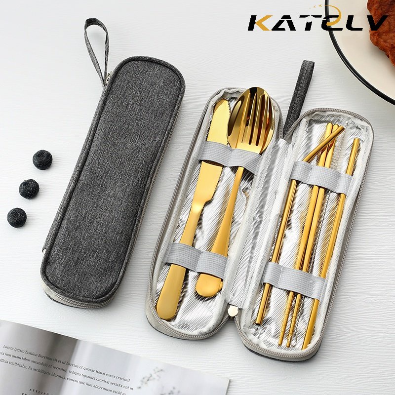 KATELV Bộ 8 Dụng Cụ Ăn Bằng Thép Không Gỉ 304 Cao Cấp Kèm Túi Đựng Chống Thấm Nước