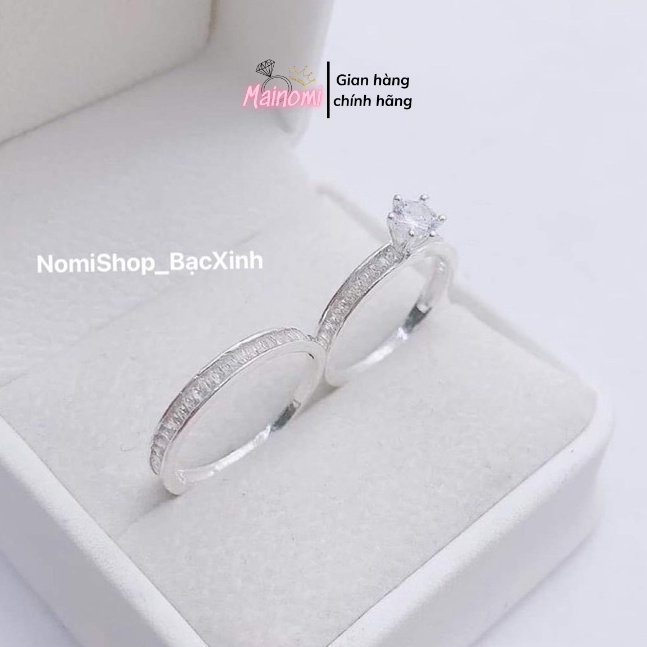 Nhẫn đôi chuẩn bạc đá viền ép bền sáng đẹp, phong cách độc đáo Mainomi Shop Bạc Xinh