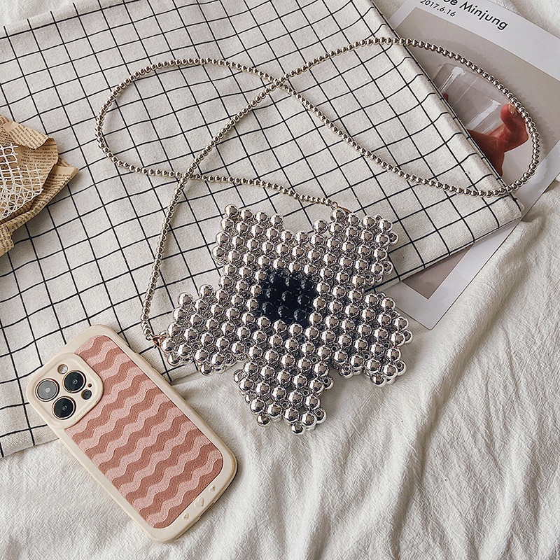 Túi Xách Hạt Ngọc Trai Mạ Điện Hai Lớp Nhỏ Màu Đỏ Họa Tiết Hoa explosio