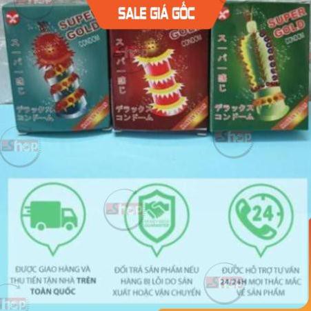 Bao Cao Su SUPER GOLD Cao Cấp Có Gân Gai Lớn, Hộp 2Cái. Bcs Gai Gân Kéo Dài Thời Gian Quan Hệ, Đem Cực Khoái Cho Cả 2.