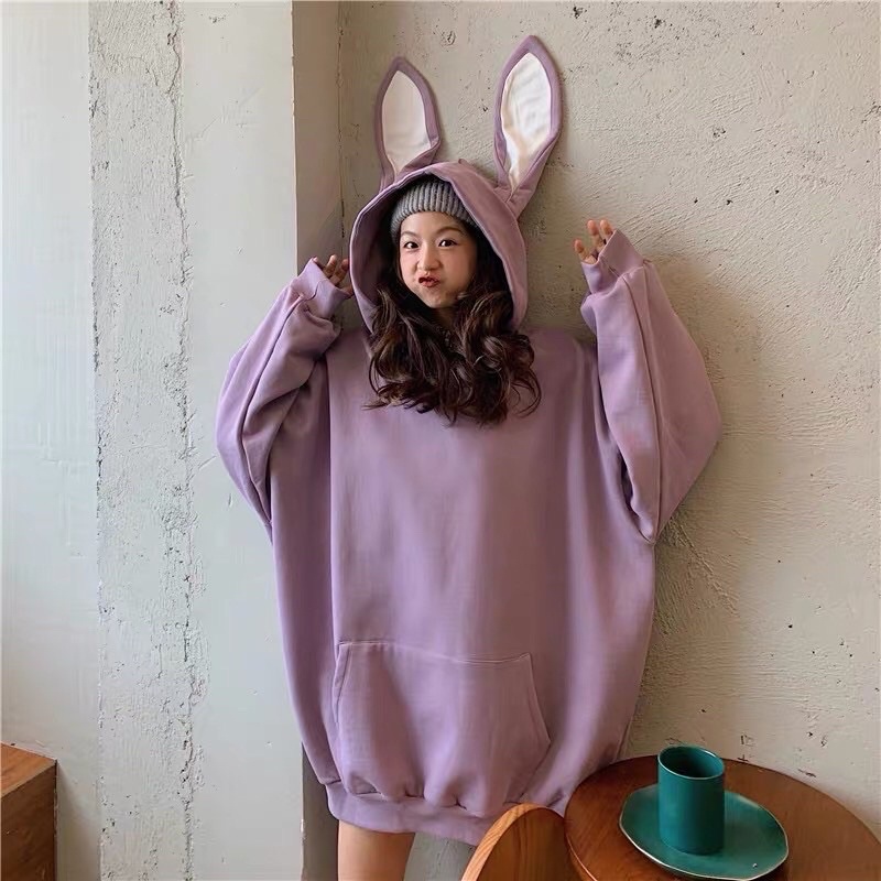 Áo hoodie tai thỏ lót nỉ bông hai màu hồng tím ulzzang SIZE M