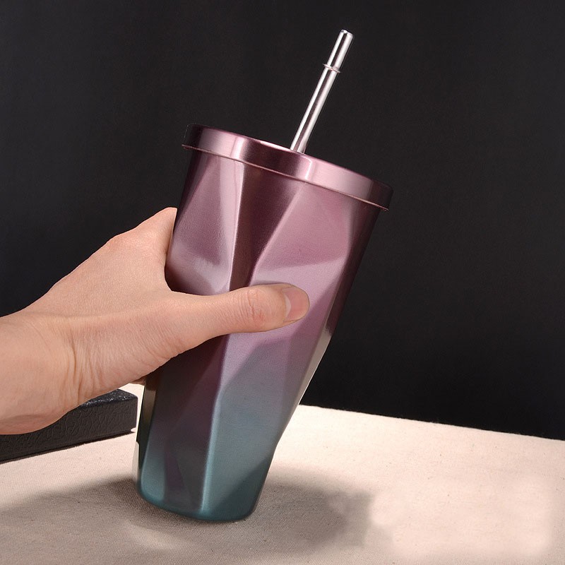 Stainless Steel Tumbler with Straw Double Wall 500ML (Pink + blue)