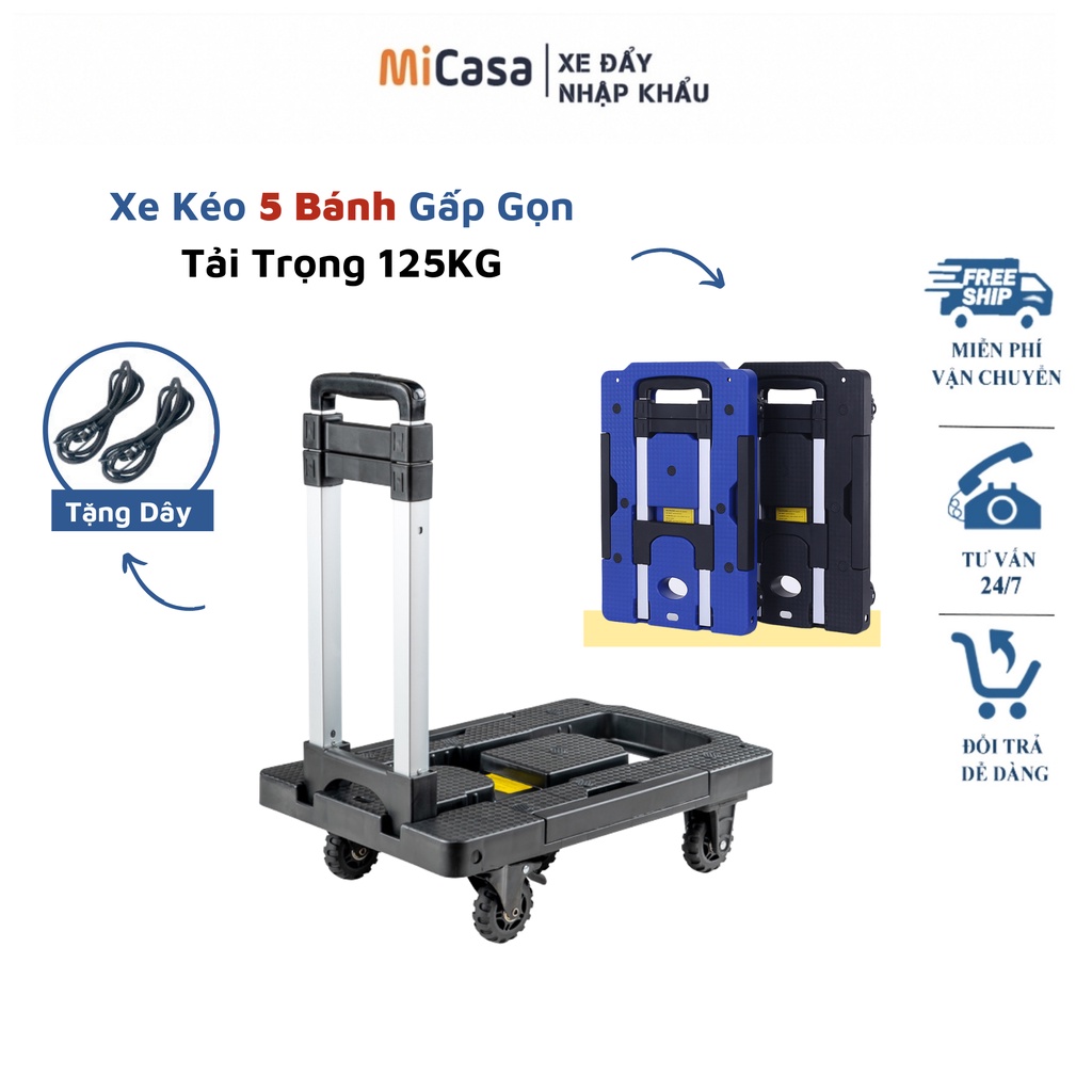 (Tặng dây) Xe đẩy hàng, kéo hàng đa năng 5 bánh gấp gọn tải trọng 125kg, xe chở hành lí gấp gọn