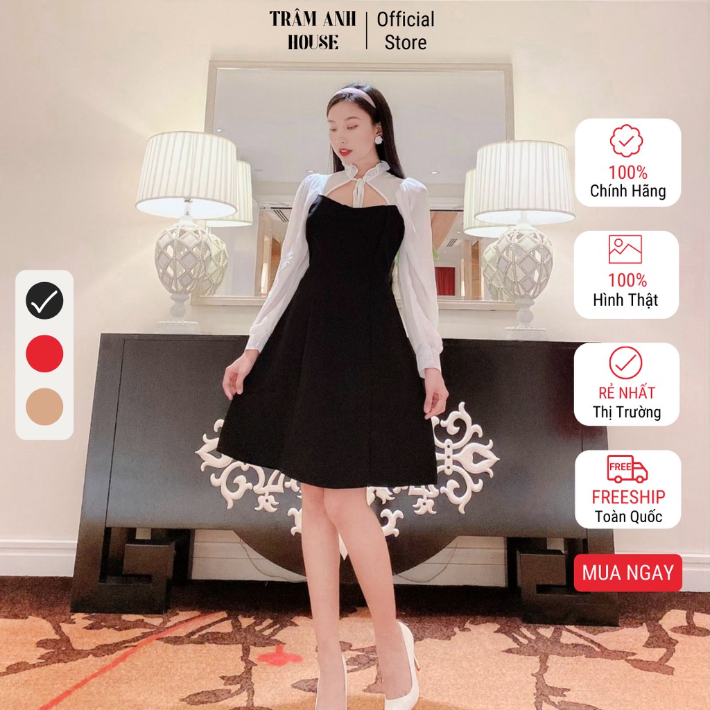 Đầm dự tiệc phối voan cột nơ cổ công chúa xinh xắn TRÂM ANH HOUSE Váy nữ cột eo tay dài sang chảnh S767