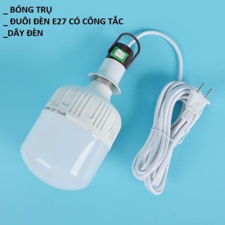 Bộ bóng đèn trụ nhôm đúc 20W + bộ đuôi đèn E27 có công tắc, dây dài 5m (bóng trụ cao cấp ánh sáng trắng)