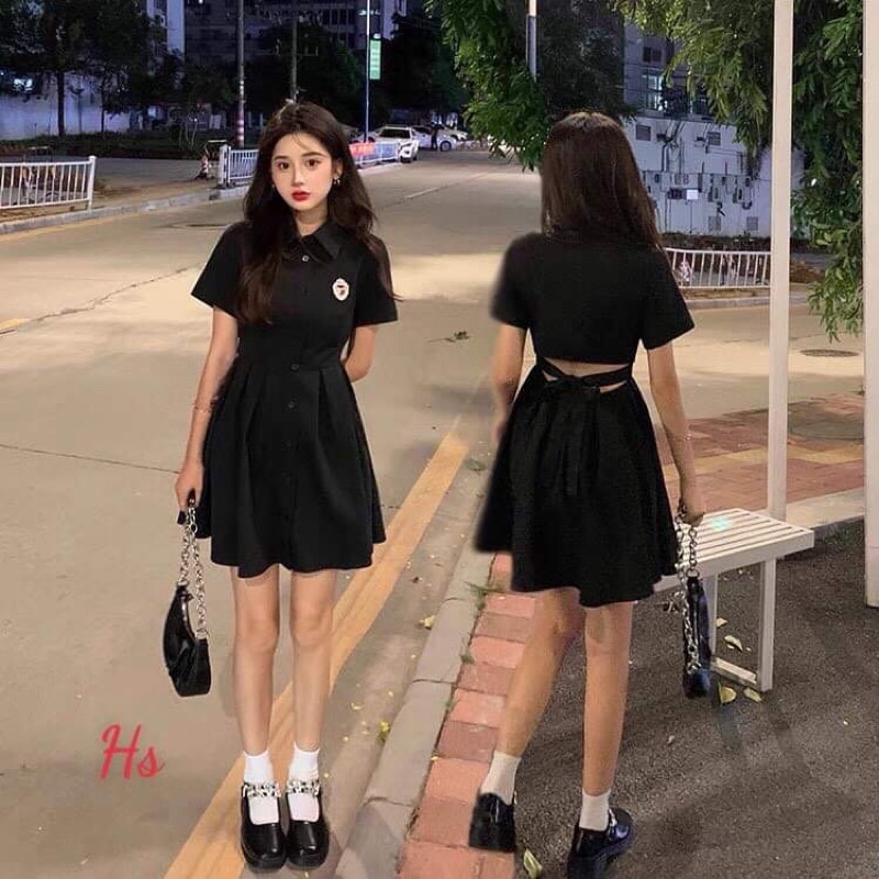 Váy sơ mi logo đen, Đầm sơmi logo ulzzang thắt eo hở lưng AS08