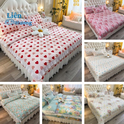 Bộ Ga Gối Cotton Trần Bông 3 Lớp Viền Bèo Dễ Thương - Ga Gối Cotton Oganic Phủ Viền Bèo Hàng Nhập Khẩu