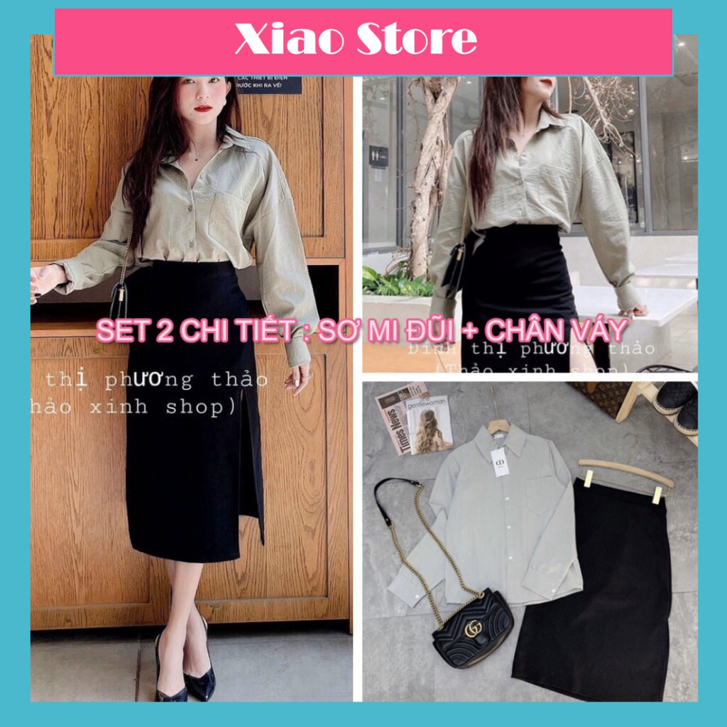 áo sơ mi đũi mix chân váy xẻ lệch chất yumi ulzzang xiao chất đẹp