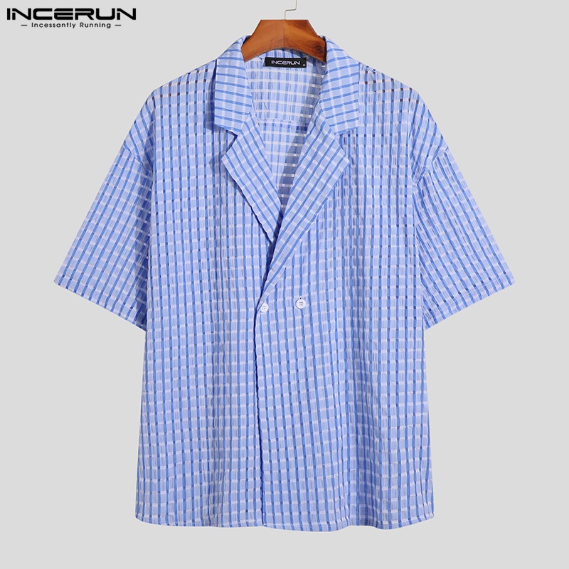 Áo sơ mi INCERUN ngắn tay dáng rộng họa tiết sọc caro phong cách Hàn Quốc cho nam