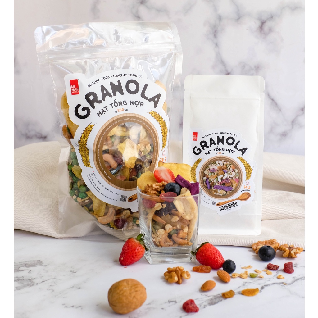 Granola Cao Cấp Mix 12 Loại Hạt Thương Hiệu Gạch Đỏ 500G Óc Chó Macca Ít Yến Mạch