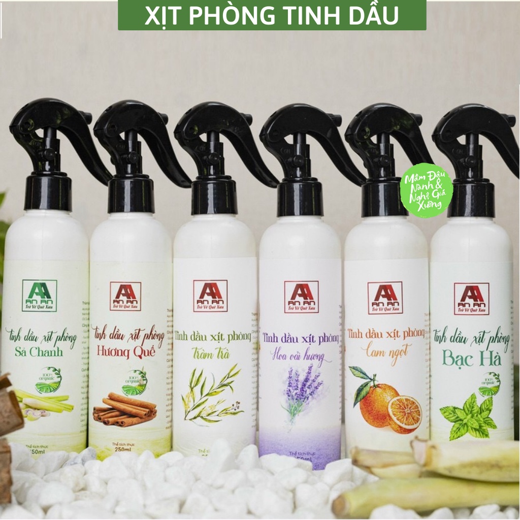 Bình xịt phòng tinh dầu sả chanh, bạc hà, quế, cam, tràm trà, oải hương giúp thơm phòng, định tâm, khử mùi 250ml An An