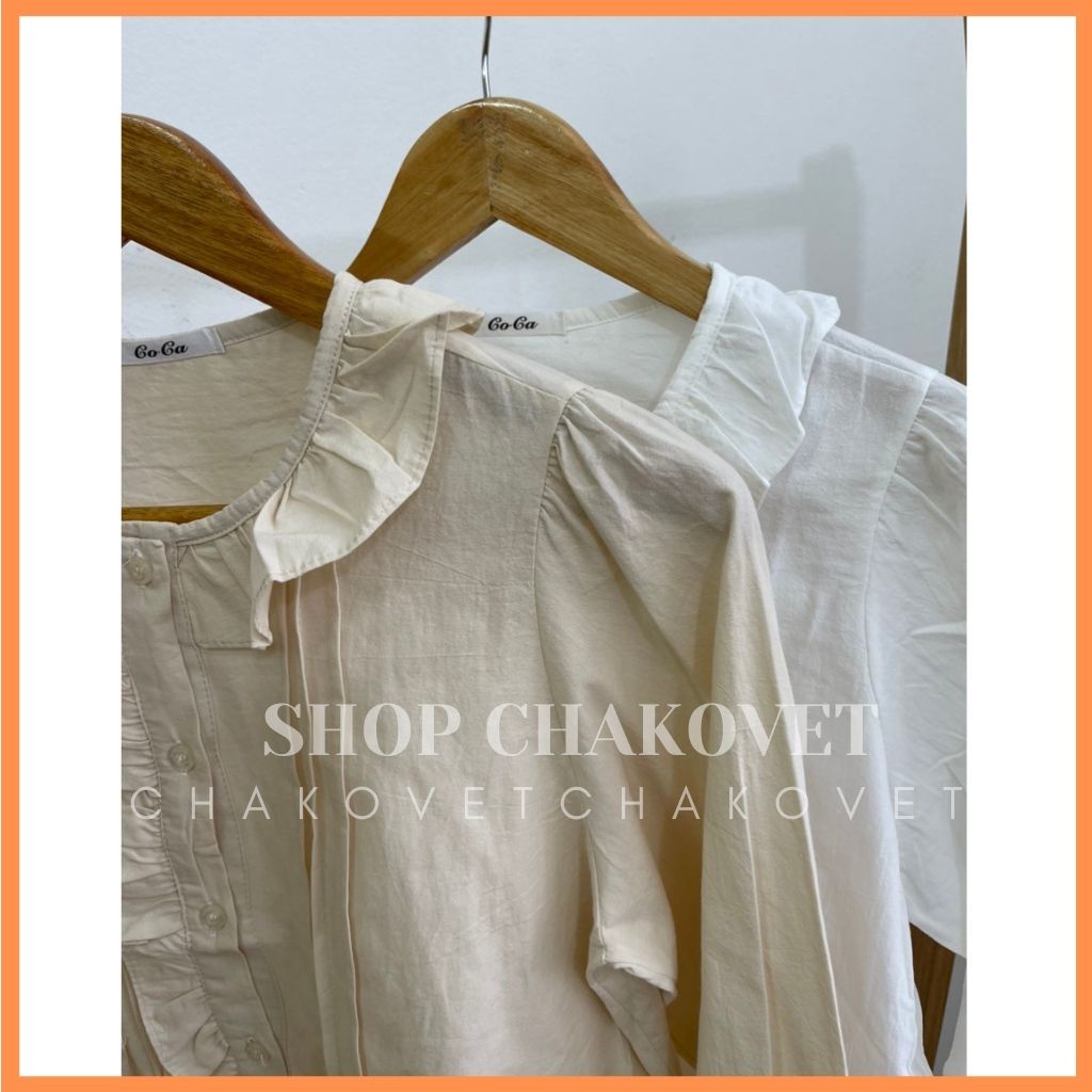 Áo babydoll nữ tay dài màu trắng be A894, kiểu áo nữ hàn quốc bánh bèo cổ tròn họa tiết dọc khuy áo phong cách tiểu thư