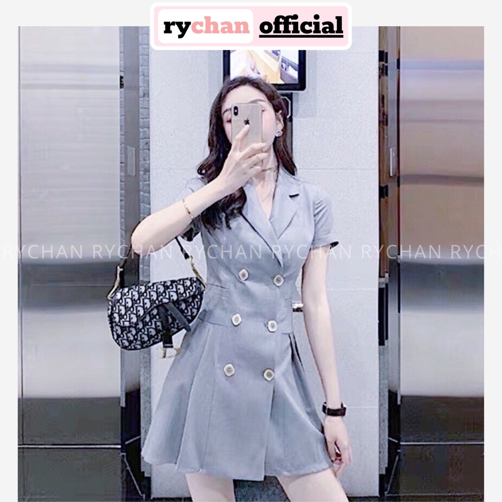 Đầm Váy Nữ Dự Tiệc Form Ngắn Cổ Vest 6 Nút Đuôi Xếp Li Thanh Lịch Cuốn Hút Màu Xám Xanh Rêu  - DX9915