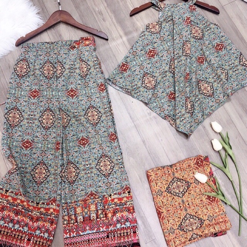 Set yếm lụa đi biển thổ cẩm bộ yếm vạt xéo