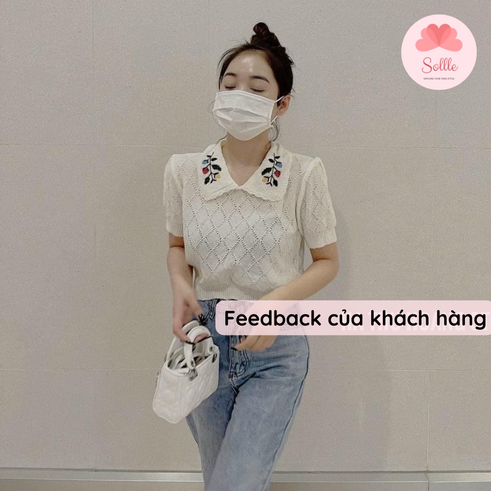 Áo len lưới mỏng ngắn tay cổ sen thêu hoa nổi cách điệu trắng kem vintage Hàn Quốc Sollle