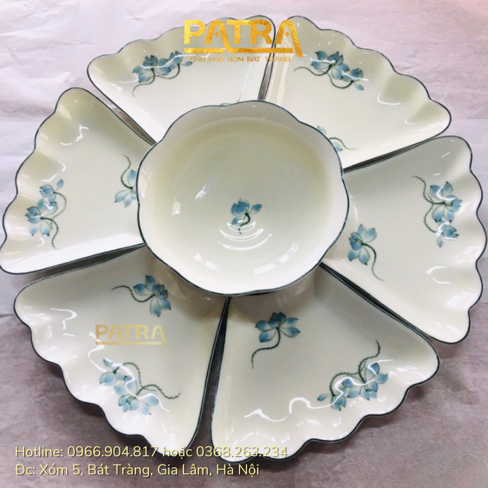 Bộ bát đĩa hoa mặt trời, bát đĩa sứ men kem Bát Tràng họa tiết sen xanh thờ cúng gia tiên