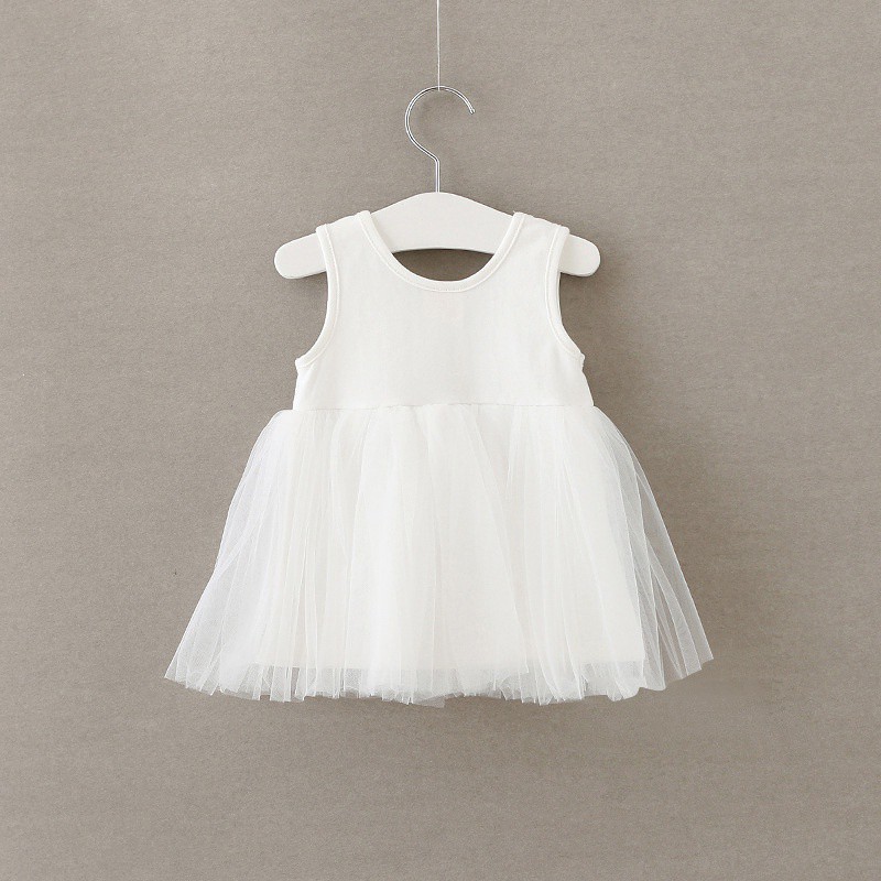 Đầm cotton cộc tay phối lưới xinh xắn cho bé gái