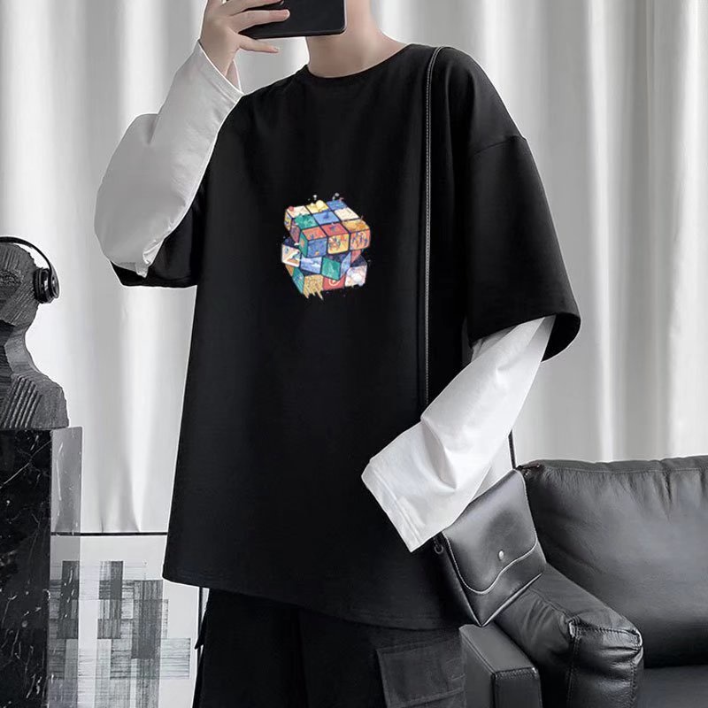 Áo Sweater Cổ Tròn Giả Hai Lớp Form Rộng In Họa Tiết Thời Trang Xu Hướng Hàn Quốc