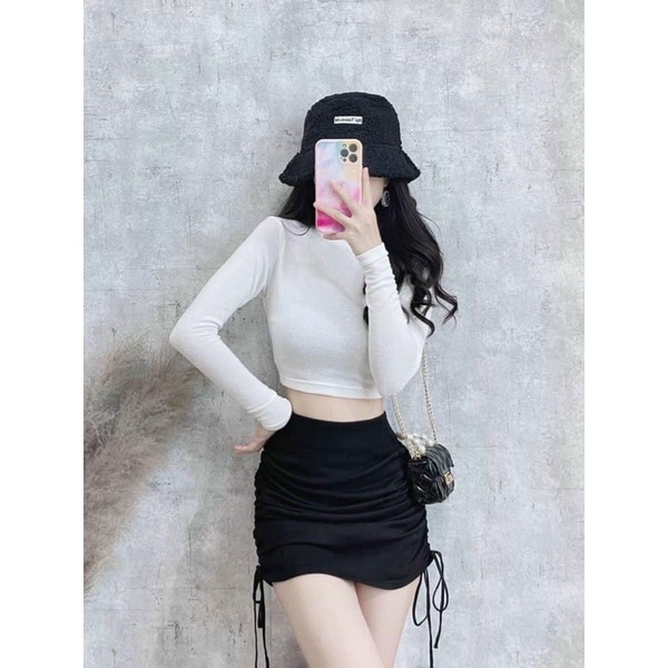 Áo thun cổ trụ tay dài ,chân váy rút dây có quần trong -S01