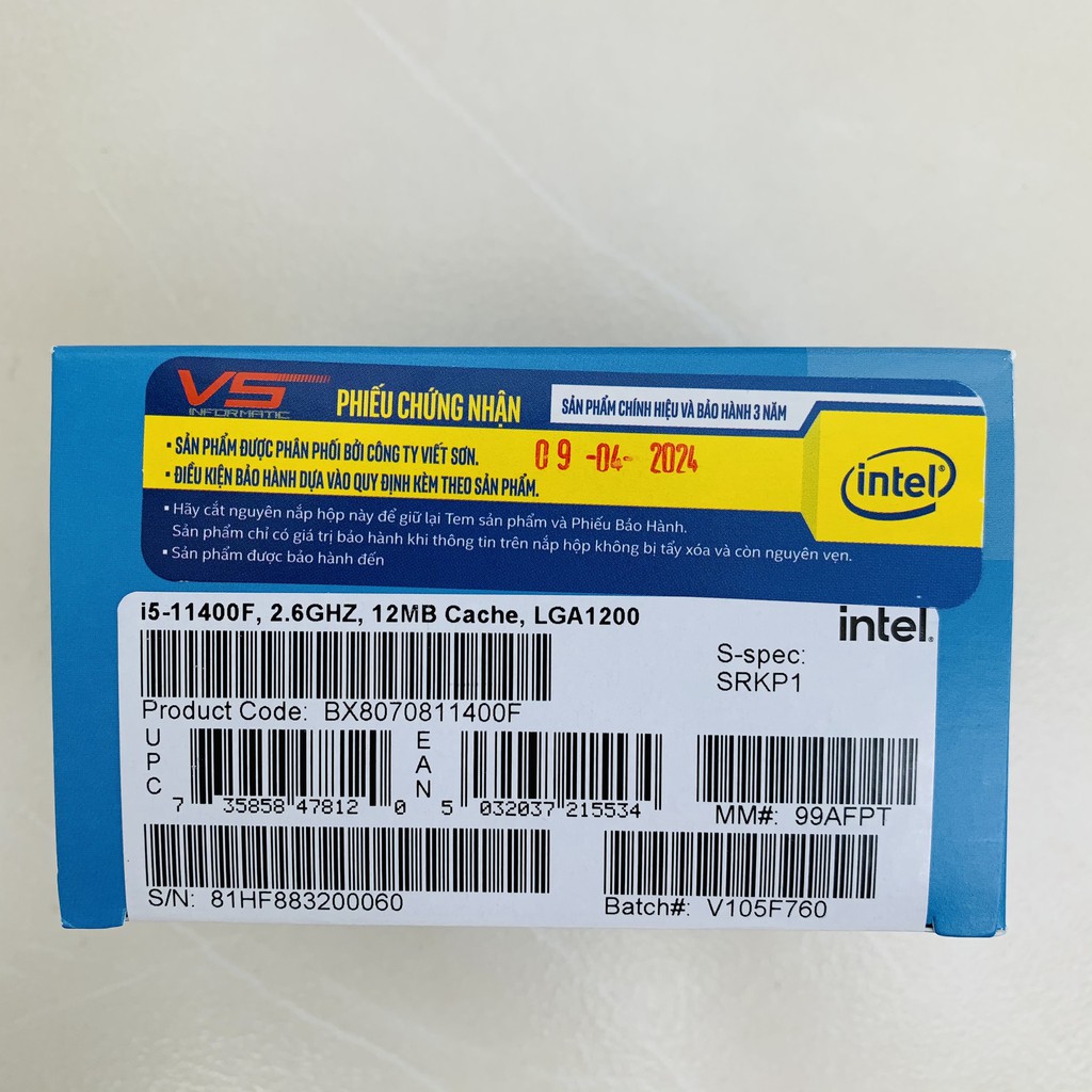 CPU Intel Core i5 11400F 2.6GHz Turbo Up To 4.40GHz 6 Nhân 12 Luồng 12MB Cache chính hãng Viễn Sơn Phân Phối