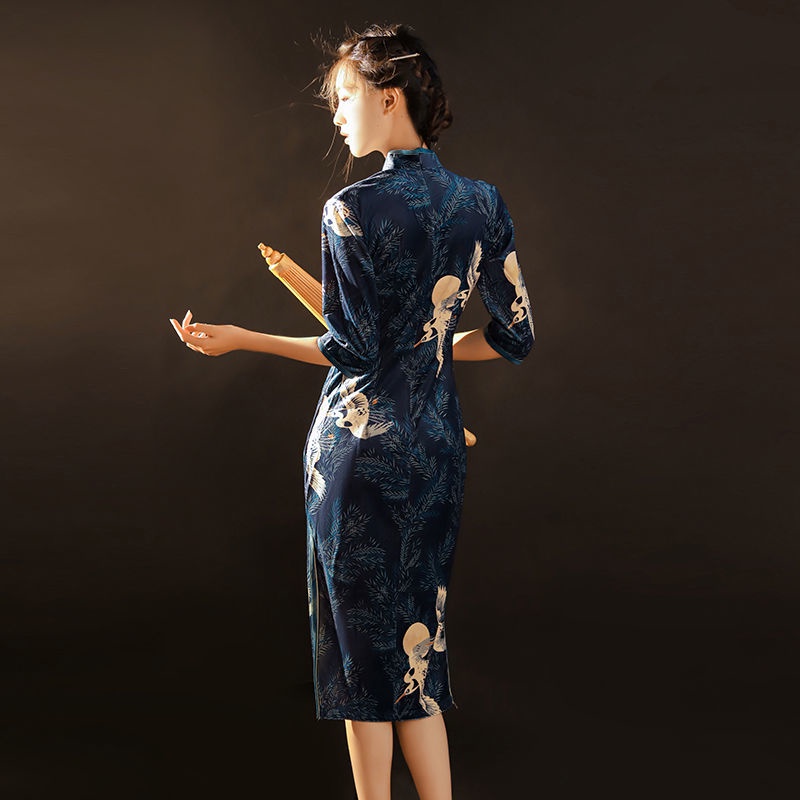 Improved cheongsam dress improved cheongsam cheongsam large size improved cheongsam dress 2022 new modified cheongsam Republic of China retro high-end elegant slimming spring and autumn summer mid-length dress for mothers zAcN