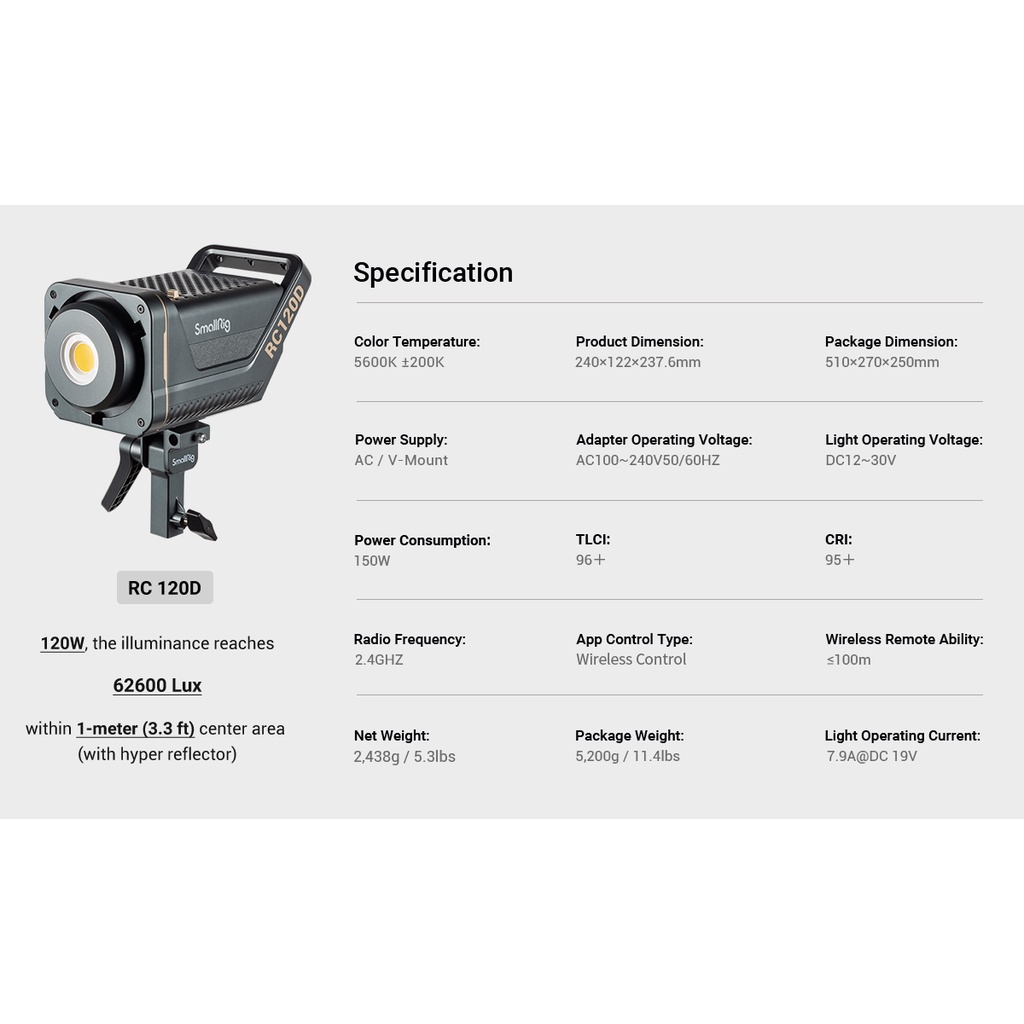 SmallRig RC120D Daylight Point-Source Video Light 3612  - Đèn LED Studio Chuyên Nghiệp 120W - Hàng Chính Hãng