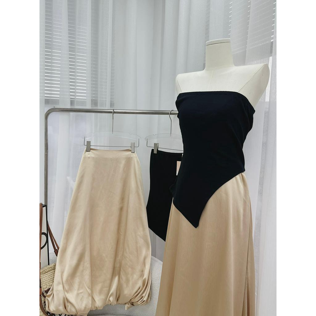 SET ÁO ỐNG LỆCH TÀ ĐEN + CHÂN VÁY KEM MIDI (TH)
